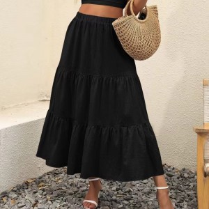 Women’s Summer Boho Elastic Waist Pleated A-Line Flowy Swing Tiered Long Beach Skirt Dress with PocketsSkirt