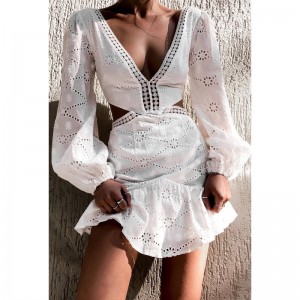 Seaside resort style sexy waistless V-neck lace hollow ruffle dress white small short dress