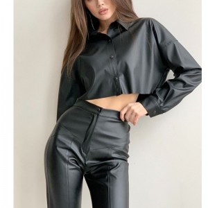 Autumn and winter motorcycle sexy matte PU leather micro-elastic long-sleeved short shirt