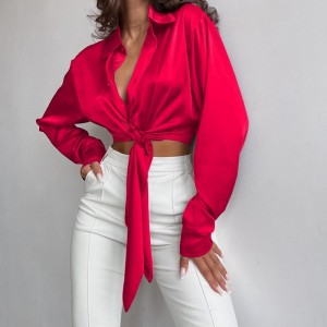 Casual silk satin texture lapel long-sleeved top