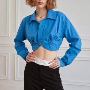 Design sense pleating slim short cotton sense shirt blouse female