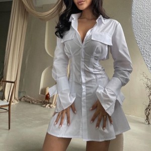 French white dress with waist and cuffs and long tabs for women 2023 new design waist and solid color long-sleeved skirt