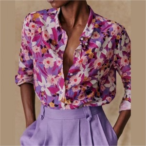 New French elegant modern printed pattern flowing silk and cotton blend long-sleeved thin shirt