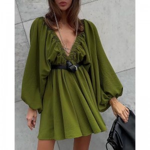 Retro design casual wind V-neck solid colour blouse autumn new lantern sleeve high waist temperament dress female