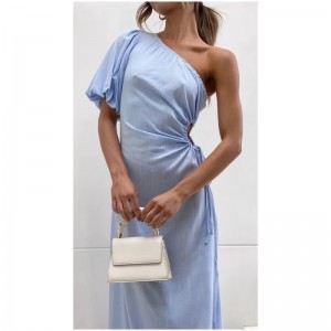 Summer Fashion Temperament Slanted Shoulder Puff Sleeve Side Slit Dress